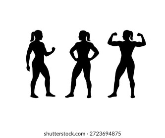 Three strong female silhouettes posing, representing fitness, bodybuilding, and power