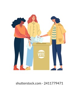 Three Strong girls are putting paper ballot in box. Women activists are calling for votes. Voting and Election concept. Pre-election campaign.Election, Democracy, Freedom of speech, justice voting and