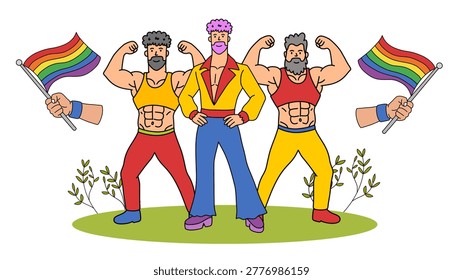 three strong men showing solidarity with rainbow symbols