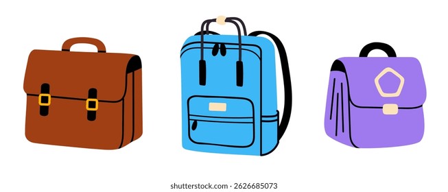 Three structured school bags including satchel and flap backpacks in brown, blue, and purple
