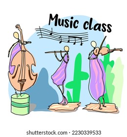Tres estudiantes tocando violín de flauta y violonchelo en clase de música