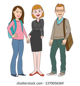 Three student teenage girl boy woman standing happy smiling with backpack