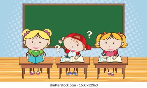 Three students asking questions in classroom illustration