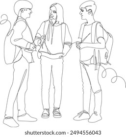 Three students with backpacks behind them chat before going to school. Continuous line vector illustration on white background. Education concept.