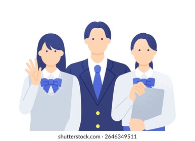 Três alunos em uniformes Blazer incentivando colegas de classe — Ilustração vetorial