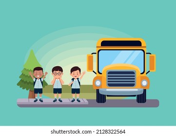 three students in bus stop characters