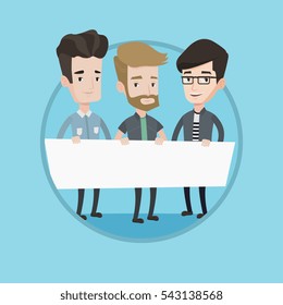 Three students holding white blank board. Group of caucasian students holding an empty board. Group of friends showing white board. Vector flat design illustration in the circle isolated on background