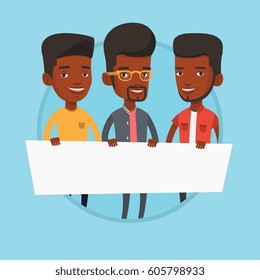 Three students holding white blank board. Group of african students holding an empty board. Group of friends showing white board. Vector flat design illustration in the circle isolated on background