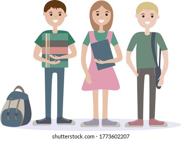 Three students school standing together holding books and backpack.Vector illustration cartoon character