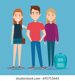 three students school standing together with backpack