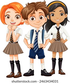 Three students in school uniforms smiling