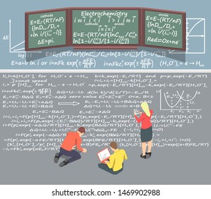 Three students solve the problem in chemistry. The student writes the formulas with chalk on the floor, while other students help him.