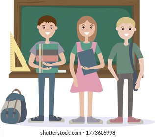 Tres estudiantes de pie en el colegio, en el fondo de una junta. con libros y una mochila. Ilustración vectorial de un carácter animado