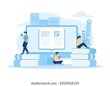 Three students are studying manuals trending concept flat illustration