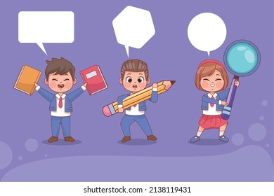 tres estudiantes con personajes de suministros