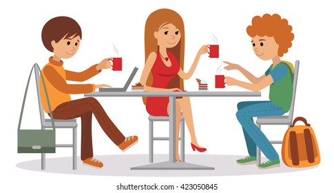 Three students talking friendly at coffee shop while drinking beverages and using laptop, vector illustration isolated on white background. 