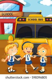 Three students in uniform by the schoolbus illustration