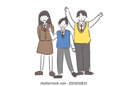 three students in uniform smiling and greeting