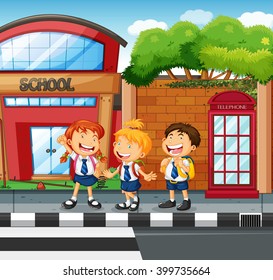 Tres estudiantes esperando para cruzar la ilustración de la carretera