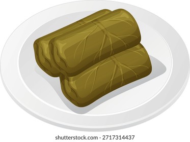 Three stuffed grape leaves arranged on a white plate, realistic vector style, top-down view