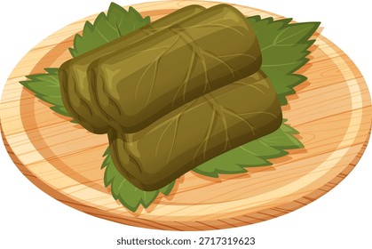 Tres hojas de uva rellenas dispuestas sobre hojas verdes sobre un plato de madera redondo