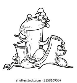 Three stumps with mushrooms linear drawing for coloring isolated on white background