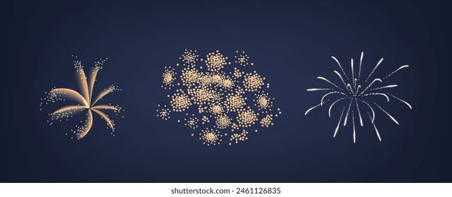 Three Stunning Styles Of Fireworks, Classic Bloom Effect, Cluster Of Golden Sparks And Radial Spray Pattern in Dark Sky
