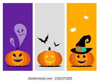 three style Happy Halloween pumpkins. Vector illustration. Souls in the sky, spiders web and flying bats. Place for text. 