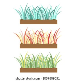 three style of small grass red, blue, green object on white background, vector illustration