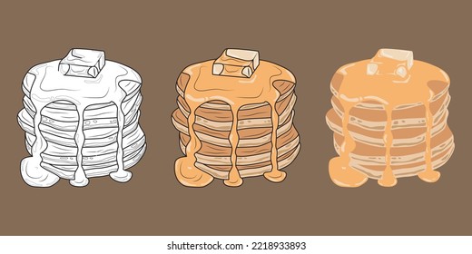 three style vector pancakes with butter and maple syrup or honey.