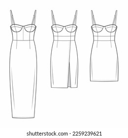 Three styles Bustier Bodycon Dress with molded cup and adjustable straps thigh length. fashion flats technical drawing template. Flat collection apparel Dresses template front, white color.CAD mockup.