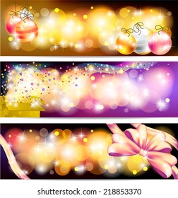 Three styles of Colorful abstract magic night Christmas celebration with present box, balls, and sales ornament banner badge background, create by vector 