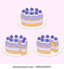 three styles of cute blueberry pound cake, vector illustration