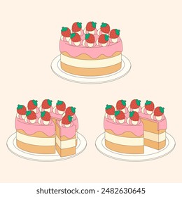 three styles of cute strawberry pound cake, vector illustration