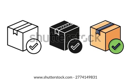 Three styles of delivery package icons with checkmarks: outline, solid black, and colored, flat design vector illustration