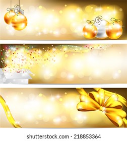 Three styles of golden glossy abstract magic night Christmas celebration with present box, balls, and sales ornament banner badge background, create by vector 