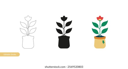 Three Styles of a Sapling in a Jute Sack Pot: Outline, Silhouette, and Clipart