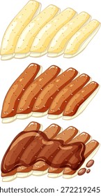 Tres estilos de tofu frito en rodajas, liso, sazonado y salteado, en estilo Arte vectorial limpio