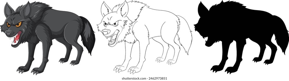 Three styles of a snarling wolf vector illustration