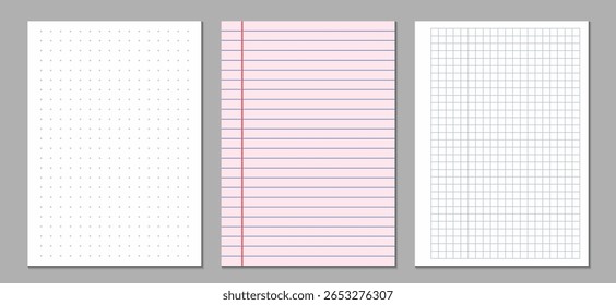 Três estilos de papel branco para notebooks — alinhado, quadrado e pontilhado — exibidos em um plano de fundo cinza-escuro elegante. Ideal para mostrar texto, marcas ou ideias de design minimalistas. Ilustração vetorial.
