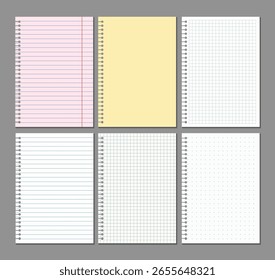 Drei Arten von weißem Notizbuchpapier - gefüttert, quadratisch und gepunktet - auf einer glatten dunkelgrauen Kulisse dargestellt. Ideal für die Präsentation von Text, Branding oder minimalistischen Design-Ideen. Vektorgrafik.
