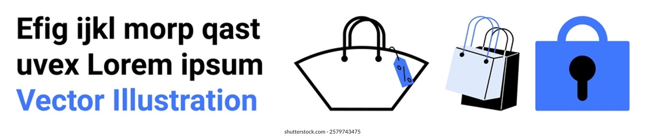 Three stylish bags and a blue lock icon on a white background. Ideal for fashion, e-commerce, online shopping, security, and digital marketing. Banner for landing page