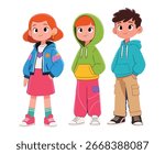 Three stylish cartoon children, two girls and a boy, wearing trendy hoodies and casual clothes, standing together.