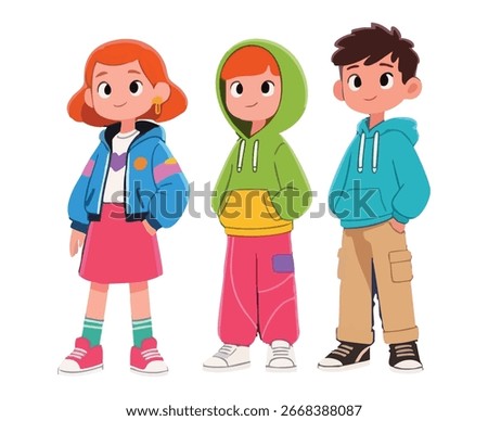 Three stylish cartoon children, two girls and a boy, wearing trendy hoodies and casual clothes, standing together.