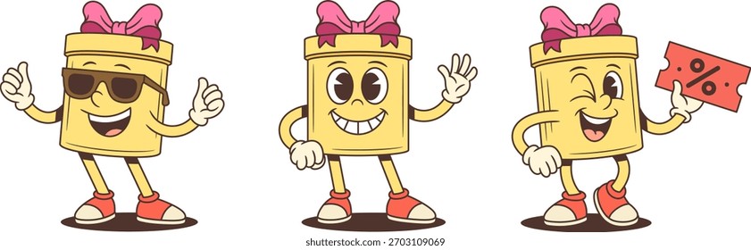 Three stylish cartoon gift box characters mascot vector illustration set. Wearing sunglasses thumbs up waving and holding discount coupon. Cool poses for advertising promotion special deals