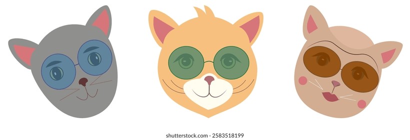 Three stylish cats wearing colorful sunglasses and smiling faces.