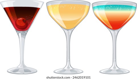 Three stylish cocktail glasses with vibrant drinks