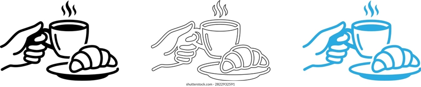 Three stylish coffee and croissant set on plates with cups and saucers isolated on transparent background, Vector