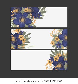 Three stylish floral banners. Bright romantic cartoon cards