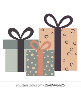 Three stylish gift boxes in muted tones: grey-green, peach, and light brown. Perfect for holidays, birthdays, or celebrations. Features abstract circle patterns and elegant bows.